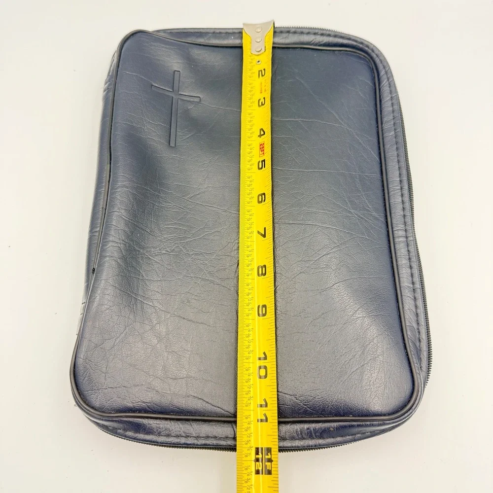 Bible Cover Navy Blue Leather  Embossed Cross Zip Around Case 11x8 Large